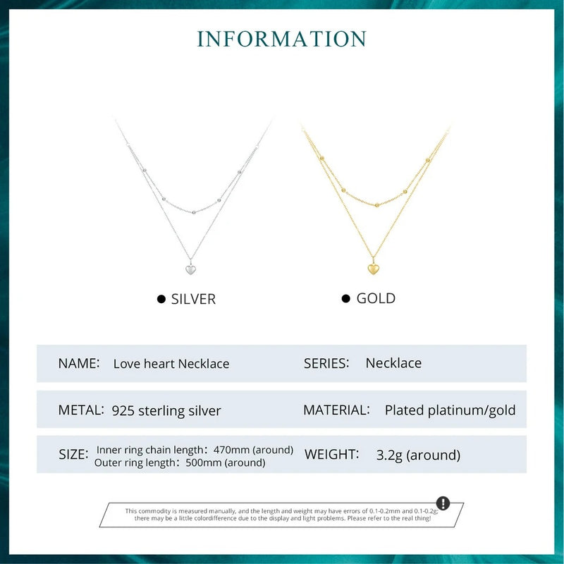 925 Sterling Silver Heart Pendant Necklace for Women Gold Double Layer Choker Female Fine Jewelry