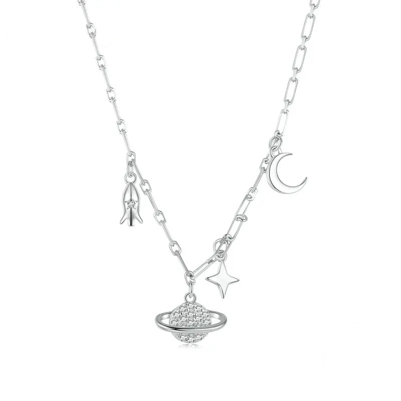 925 Sterling Silver Starry Sky Pendant Necklace Star and Planet Choker Necklace for Women Gift Zircon Fine Jewelry