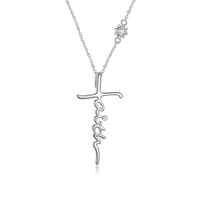 Cross Faith Crystal 925 Sterling Silver Necklace Chain Letter Choker Necklace for Women Fashion Jewelry Gift