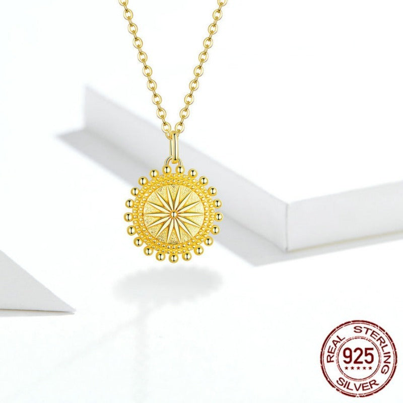Sun Coin Pendant Necklace for Women Gold Color Genuine 925 Sterling Silver Chain Necklaces Collier Fashion Jewelry