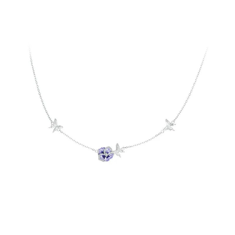 925 Sterling Silver Purple Enamel Pansy Flower Pendant Necklace Dancing Butterfly Adjustable Neck Chain for Women