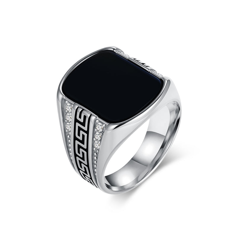 Men's Black Stone Signet Ring Stainless Steel 0.79in 0.53oz Vintage Greek Key Biker Daily Wear Gift