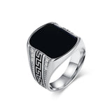 Men's Black Stone Signet Ring Stainless Steel 0.79in 0.53oz Vintage Greek Key Biker Daily Wear Gift