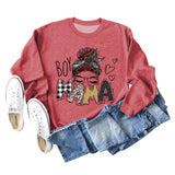 BOY MAMA Love Print Round Neck Loose Bottom Long Sleeve Sweatshirt Women