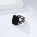 Men's Black Stone Signet Ring Stainless Steel 0.79in 0.53oz Vintage Greek Key Biker Daily Wear Gift