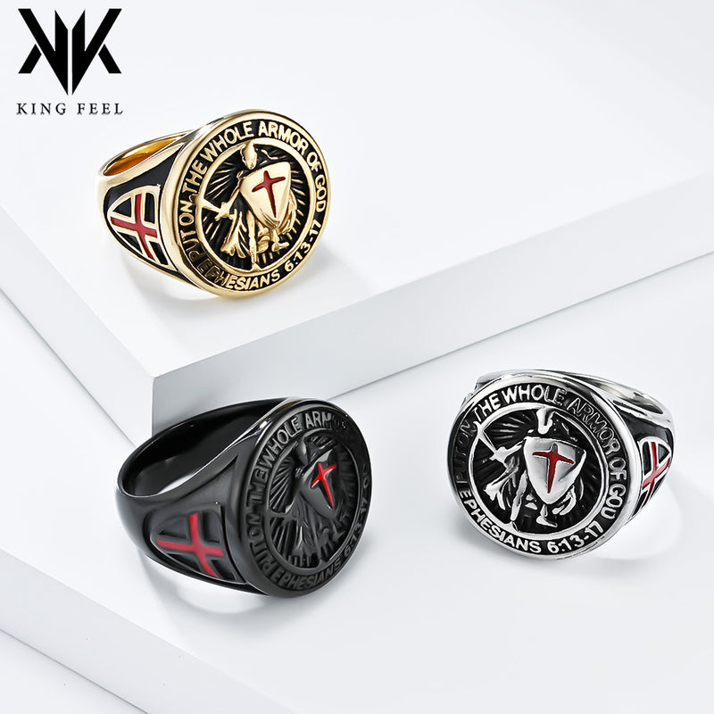 NEHZUS Armor of God Ring for Men Stainless Steel Ephesians 6:13 0.91in Shield Cross Signet Ring 0.92oz Daily Wear Gift