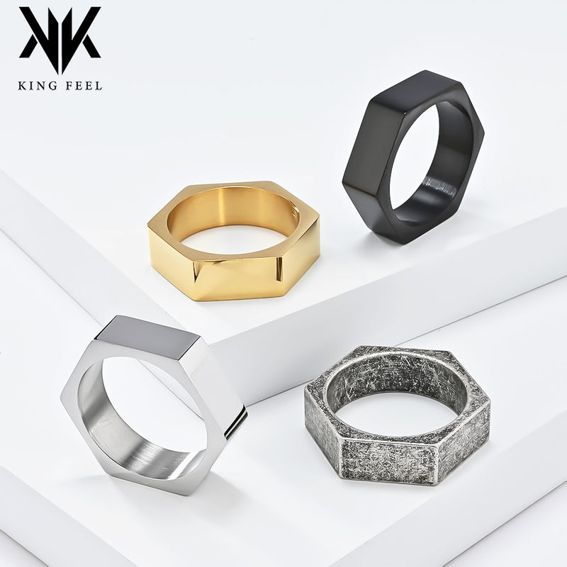 Hexagon Ring for Men Women Stainless Steel 7mm Engravable Unisex Silver Tone Minimalist Band Daily Wear Gift
