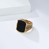 Men's Black Stone Signet Ring Stainless Steel 0.79in 0.53oz Vintage Greek Key Biker Daily Wear Gift