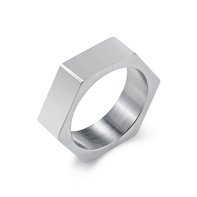 Hexagon Ring for Men Women Stainless Steel 7mm Engravable Unisex Silver Tone Minimalist Band Daily Wear Gift