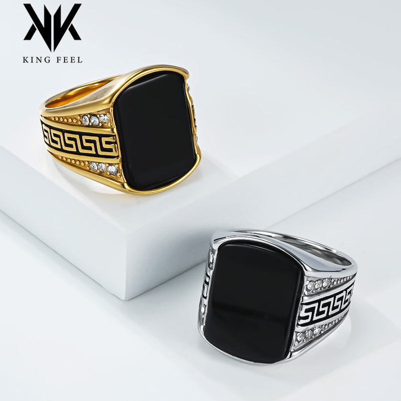 Men's Black Stone Signet Ring Stainless Steel 0.79in 0.53oz Vintage Greek Key Biker Daily Wear Gift