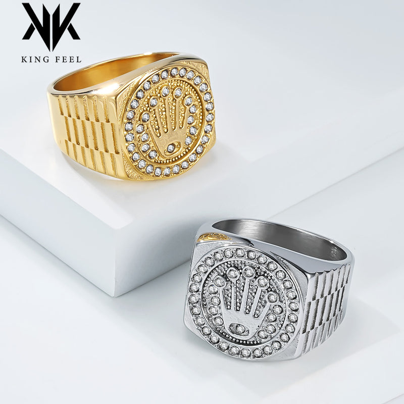 NEHZUS Men's Hip Hop Crown Ring Stainless Steel Silver Iced Out CZ 18mm 0.71in Signet Ring for Party Club Daily Wear Gift