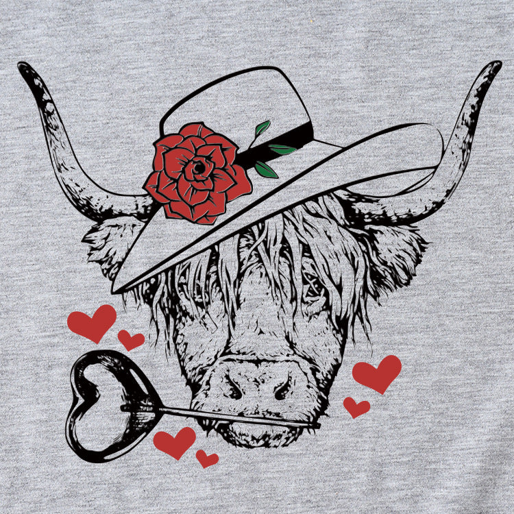 Fashion Women's Rose Bullhead Pattern, Casual Crewneck Short Sleeves T Shirt