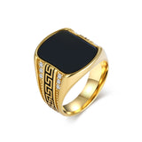 Men's Black Stone Signet Ring Stainless Steel 0.79in 0.53oz Vintage Greek Key Biker Daily Wear Gift