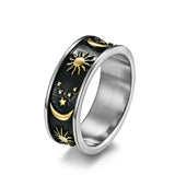 Sun Moon Star Ring for Women Men Stainless Steel 8mm Celestial Engagement Promise Ring Daily Wear Gift