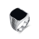 Men's Black Stone Signet Ring Stainless Steel 0.79in 0.53oz Vintage Greek Key Biker Daily Wear Gift
