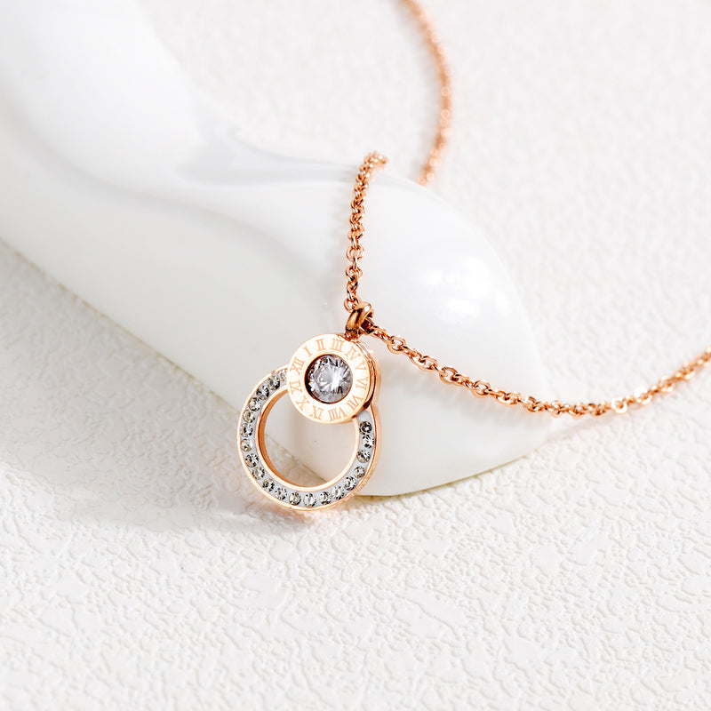 Pendant In Titanium Steel with Zirconia Necklace with Roman Numerals for Women
