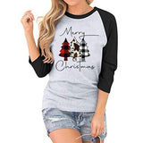 Women Buffalo Plaid Christmas Shirt Merry Christmas 3/4 Raglan Sleeves Blouse