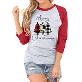 Women Buffalo Plaid Christmas Shirt Merry Christmas 3/4 Raglan Sleeves Blouse