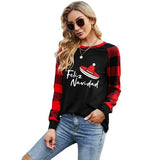 Women Feliz Navidad Shirt Santa Hat Sombrero Buffalo Plaid Sleeve Blouse