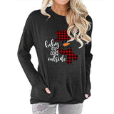 Women Pocket Blouse Checkered Stitching Christmas Snowman Print Round Neck Long Sleeve Shirt