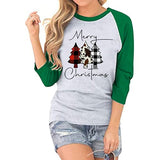 Women Buffalo Plaid Christmas Shirt Merry Christmas 3/4 Raglan Sleeves Blouse