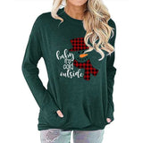 Women Pocket Blouse Checkered Stitching Christmas Snowman Print Round Neck Long Sleeve Shirt