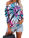Women Off Shoulder Long Sleeve Tie Dye Blouse Multi Color Sweatshirt