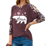 Women Mama Bear Fashion Shirt Leopard Print Long Sleeves Christmas Blouse