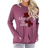 Women Pocket Blouse Checkered Stitching Christmas Snowman Print Round Neck Long Sleeve Shirt