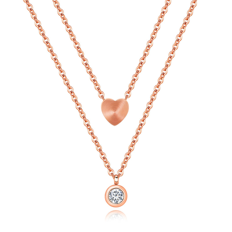 NEHZUS Titanium Rose Gold Plated Double Layer Love Heart Shaped Necklace with Diamonds As A Gift for A Girlfriend