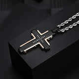 Men's Stainless Steel Black Rose Gold Cross Pendant Necklace for Lord's Prayer Necklace Heavy Chain