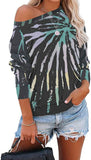 Women Off Shoulder Long Sleeve Tie Dye Blouse Multi Color Sweatshirt
