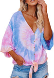 Damen Bluse mit V-Ausschnitt, 3/4-Fledermausärmeln, Batikmuster und Knöpfen