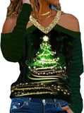 Women Christmas Lights Shirt Cute Deer Christmas Tee V-Neck Fashion Blouse