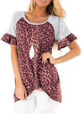 Women Raglan Short Sleeve Leopard Stitching Twist Knotted T-Shirt