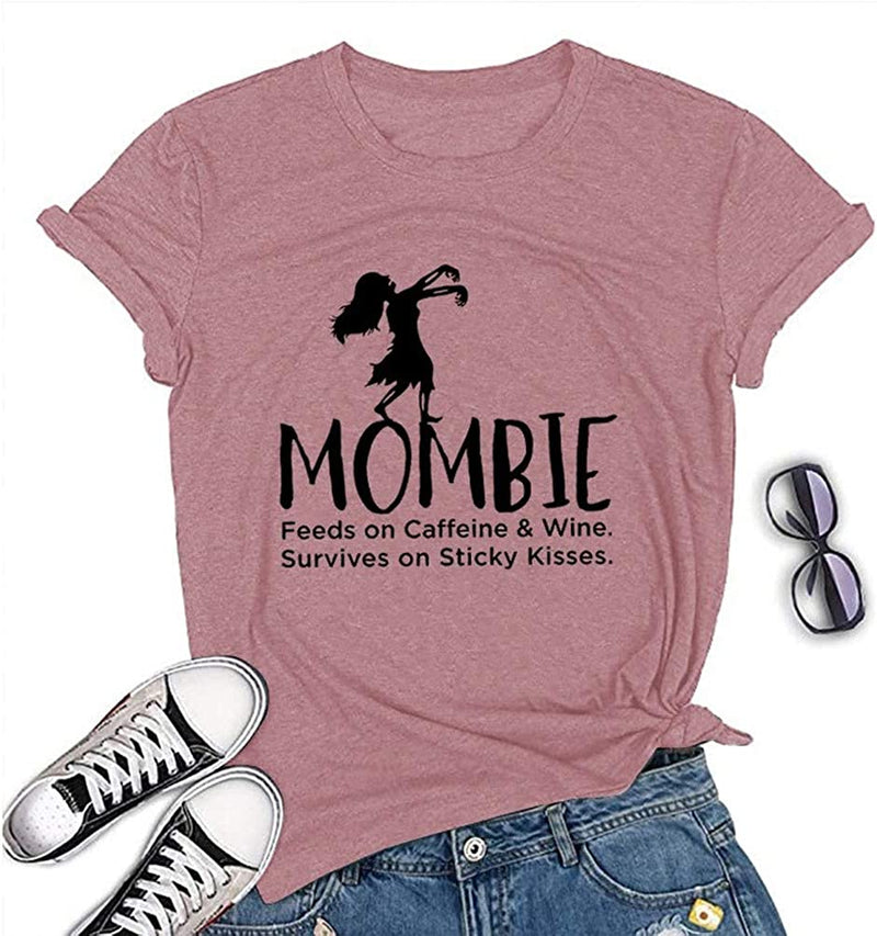 Women Mombie Feeds on Caffeine and Wine Shirt Round Neck Short Sleeve T-Shirt (Red,Small)