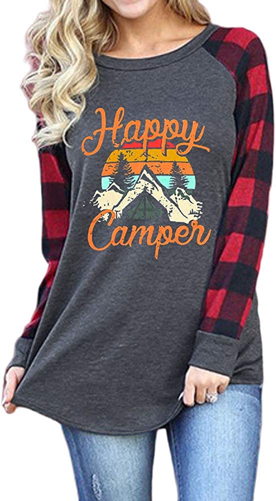 Damen Happy Camper Bluse mit langen karierten Ärmeln, Tunika-Shirt
