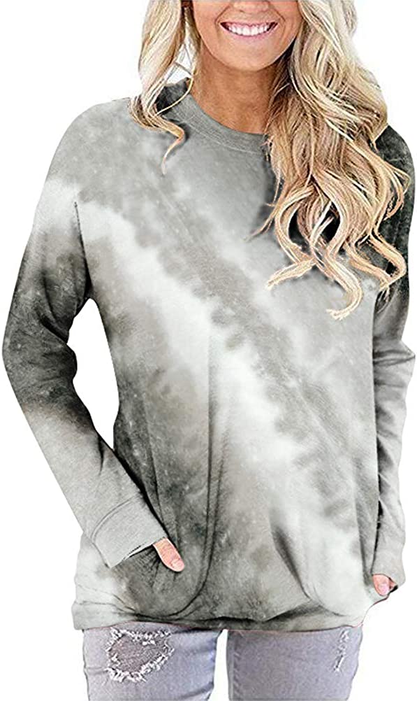 Bunte Damen-Bluse mit Farbverlauf und langen Ärmeln und Batikmuster und Taschen