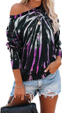 Women Off Shoulder Long Sleeve Tie Dye Blouse Multi Color Sweatshirt