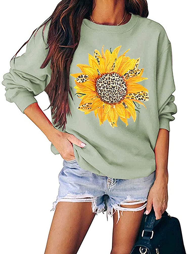 Women Long Sleeve Leopard Sunflower Sweatshirt Floral Leopard Shirt