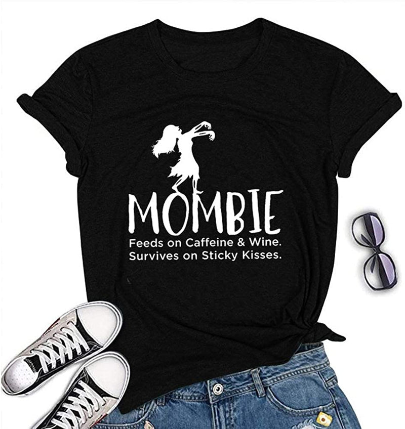 Women Mombie Feeds on Caffeine and Wine Shirt Round Neck Short Sleeve T-Shirt (Black,X-Large)