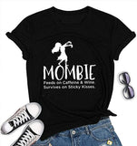 T-shirt à manches courtes et col rond pour femme Mombie se nourrit de caféine et de vin (noir, L)
