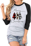Women Buffalo Plaid Christmas Shirt Merry Christmas 3/4 Raglan Sleeves Blouse