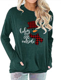 Women Pocket Blouse Checkered Stitching Christmas Snowman Print Round Neck Long Sleeve Shirt