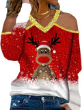 Women Christmas Lights Shirt Cute Deer Christmas Tee V-Neck Fashion Blouse