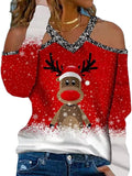 Women Christmas Lights Shirt Cute Deer Christmas Tee V-Neck Fashion Blouse