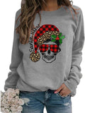 Women Long Sleeve Buffalo Plaid Santa Baby Christmas Skull Sweatshirt