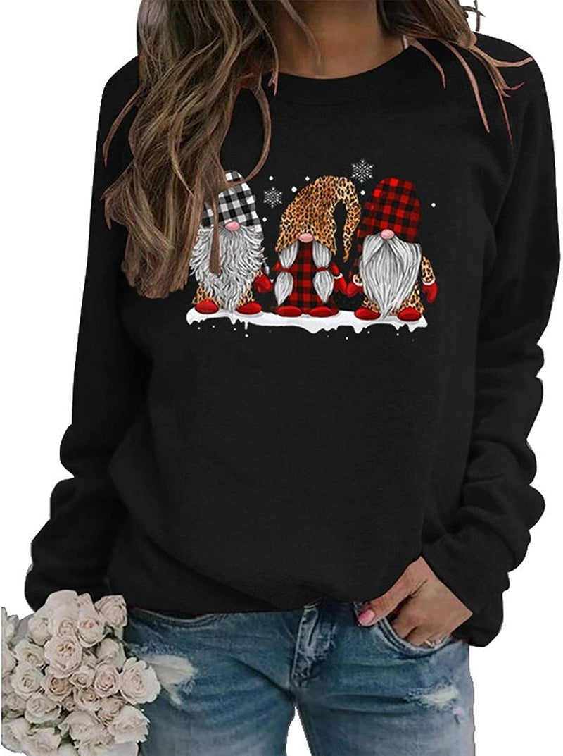Women Long Sleeve Buffalo Plaid & Leopard Santa Sweatshirt Christmas Santa Sweatshirt