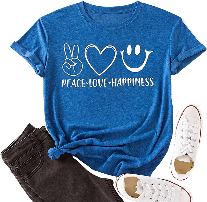 Damen T-Shirt mit Aufdruck „Friede, Liebe, Glück“