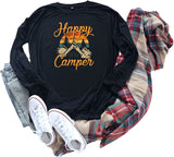Women Happy Camper Camping Hiking Travel Shirt Long Sleeve Blouse
